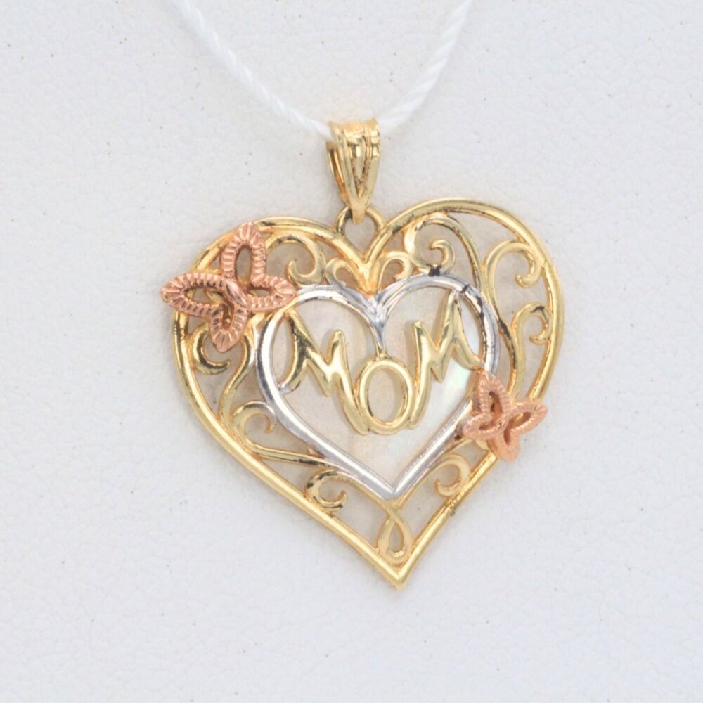 10k Solid Gold Mom Script Word with Mother of Pearl Background Pendant - Picture 5 of 10